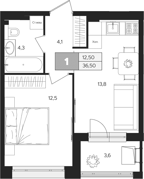 Планировка: 1-комнатная квартира 34,7 м² в ЖК «Ласточкино»