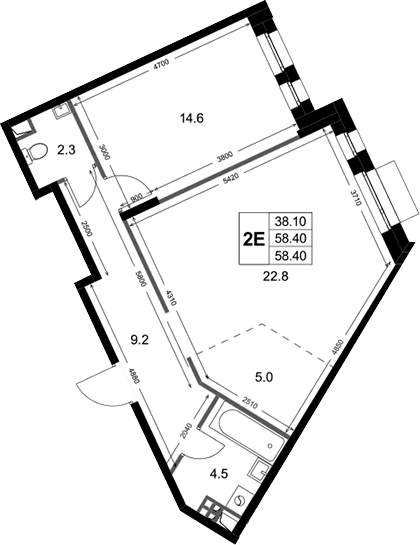 Планировка: Евродвушка 58,4 м² в ЖК «Кореневский Форт 2.3»