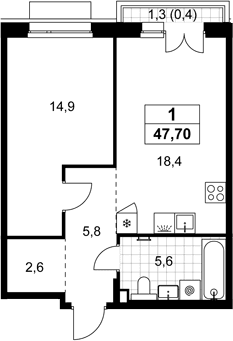 Планировка: Евродвушка 47,3 м² в ЖК «Хольм»