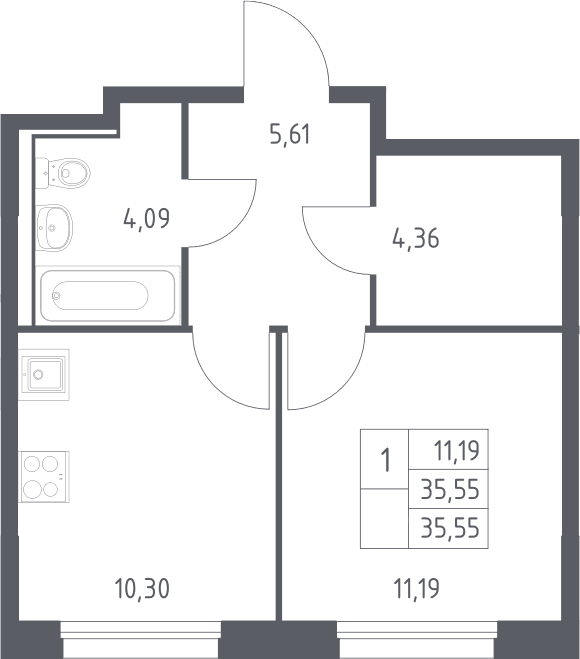 Планировка: 1-комнатная квартира 35,6 м² в ЖК «Прибрежный Парк»
