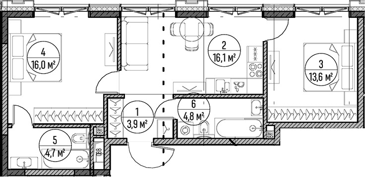 Планировка: Евротрёшка 59,1 м² в ЖК «Дом на Часовой»