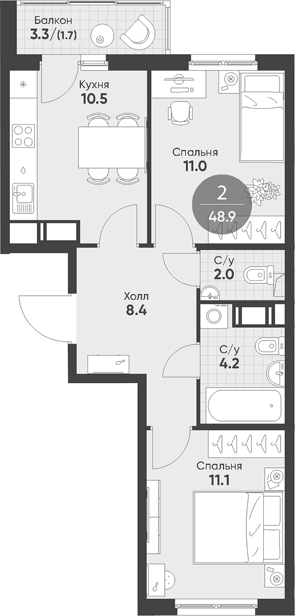 Планировка: 2-комнатная квартира 47,2 м² в ЖК «Клюква.Парк»