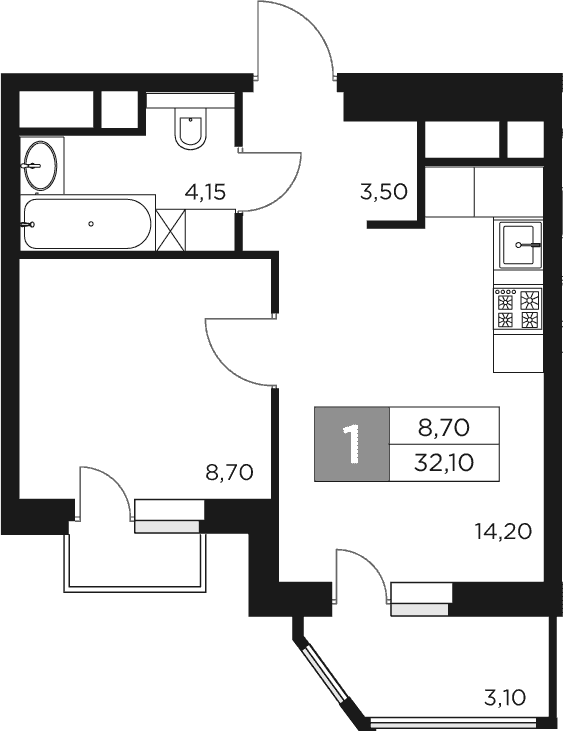 Планировка: 1-комнатная квартира 30,6 м² в ЖК «Восток 2»