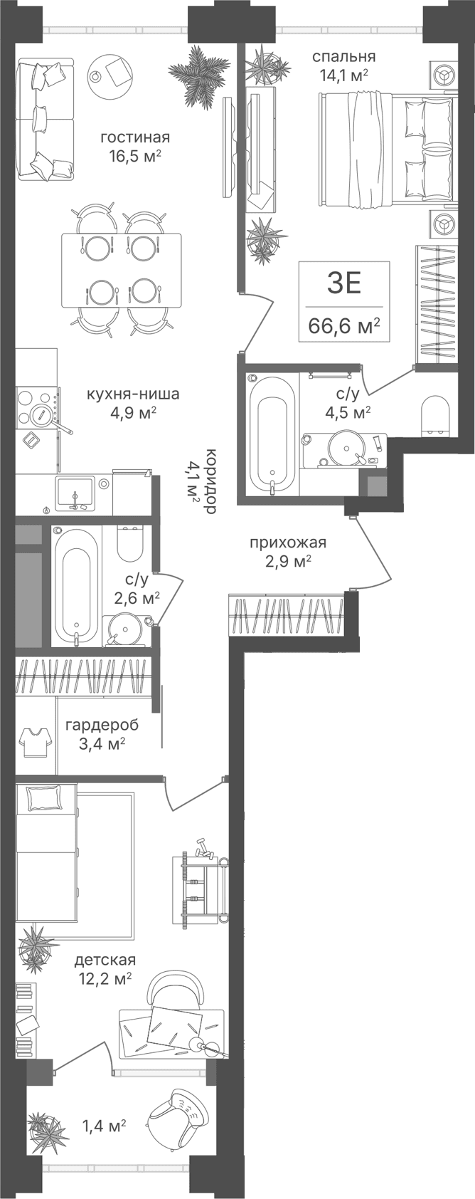 Планировка: Евротрёшка 65,2 м² в ЖК «Михалковский»