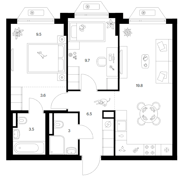 Планировка: 2-комнатная квартира 55,6 м² в ЖК «Зеленый парк»