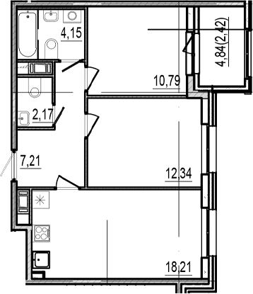 Планировка: Евротрёшка 54,9 м² в ЖК «Оптимист»