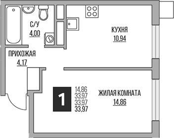 Планировка: Евродвушка 34 м² в ЖК «Гранель Притяжение Сити»