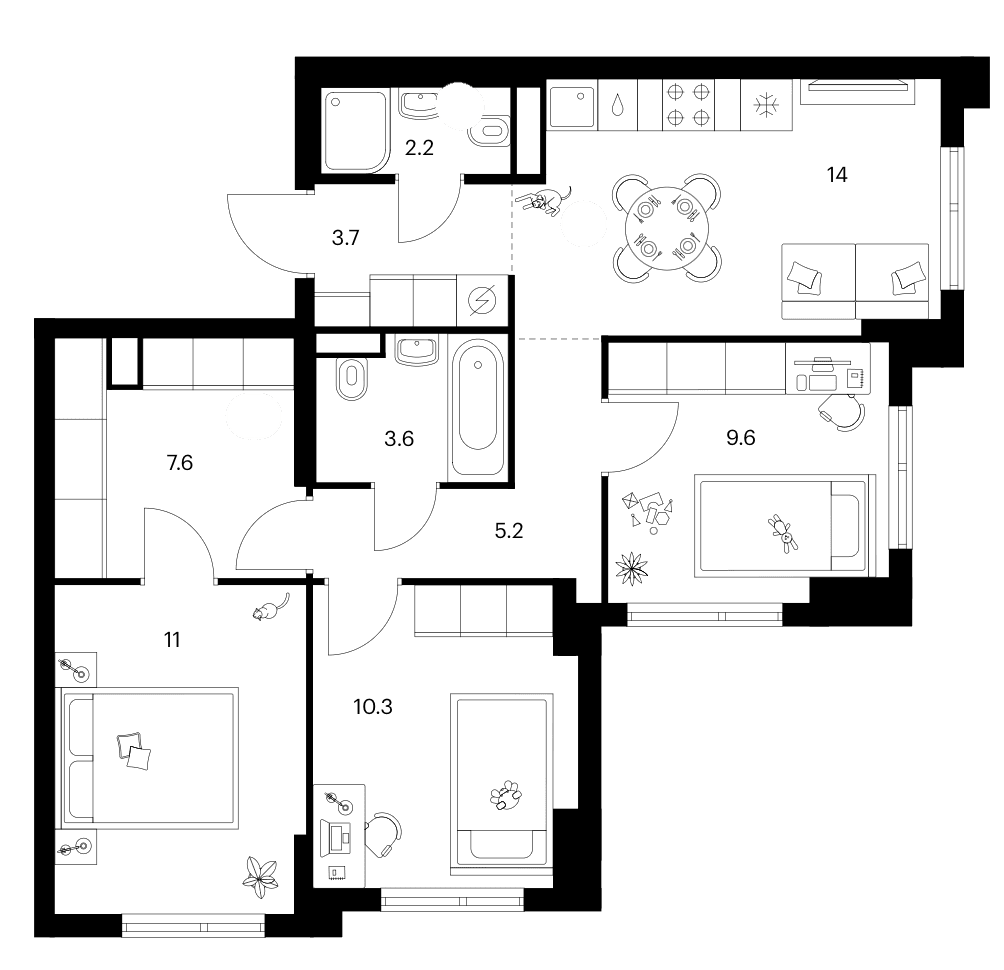 Планировка: 3-комнатная квартира 67,2 м² в ЖК «Зеленый парк»
