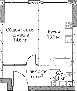 Планировка: 1-комнатная квартира 38,3 м² в ЖК «СЕЗАР СИЛИКА»