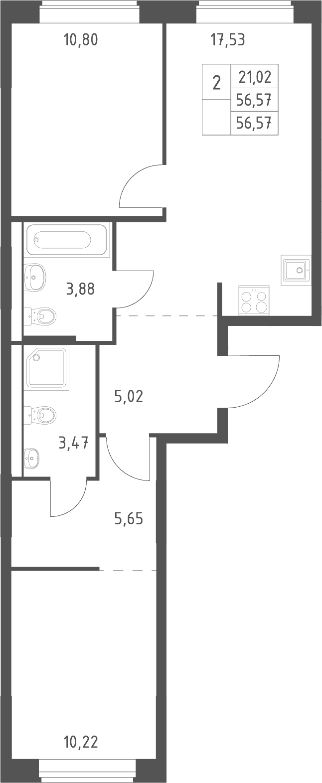 Планировка: Евротрёшка 56,6 м² в ЖК «Большое Юрлово»