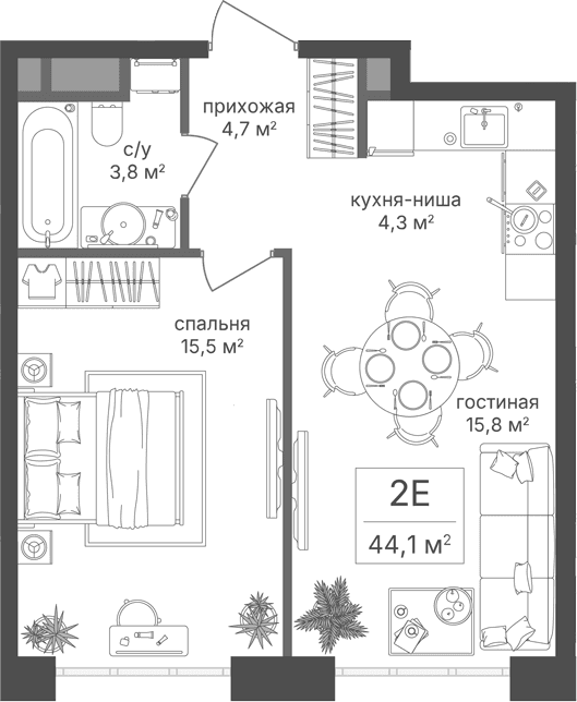 Планировка: Евродвушка 44,1 м² в ЖК «Михалковский»
