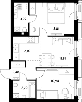 Планировка: Евротрёшка 53 м² в ЖК «ЭВО»