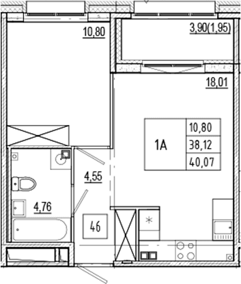 Планировка: Евродвушка 38,1 м² в ЖК «Ranta Residence»