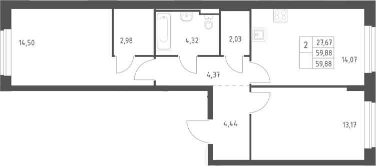 Планировка: 2-комнатная квартира 59,9 м² в ЖК «Горки Парк»