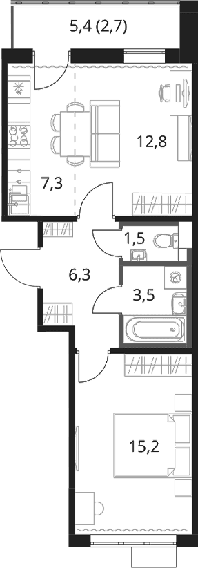 Планировка: Евродвушка 46,6 м² в ЖК «1-й Шереметьевский»