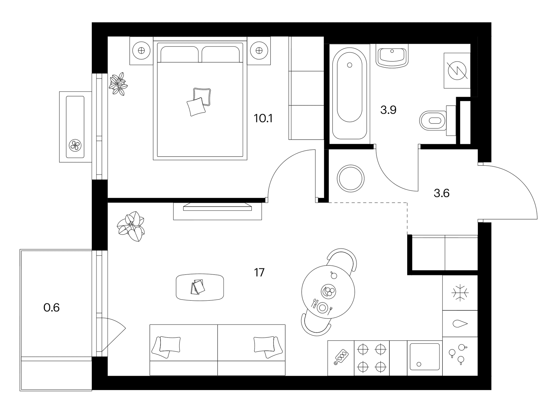 Планировка: 1-комнатная квартира 34,6 м² в ЖК «Белая Дача парк»
