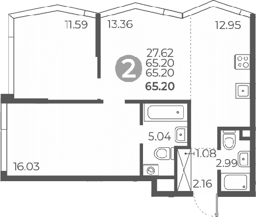 Планировка: 2-комнатная квартира 65,2 м² в ЖК «Мневники от Гранель»