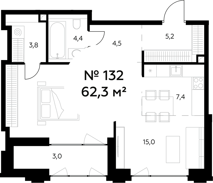 Планировка: Евродвушка 59,3 м² в ЖК «Монблан»