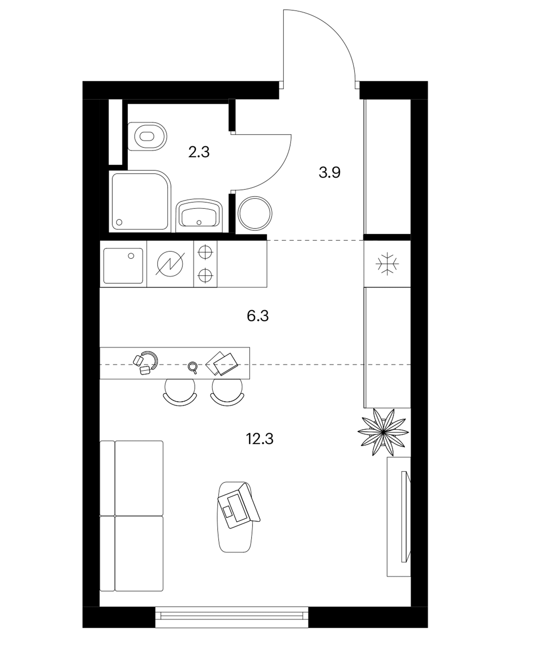 Планировка: Студия 24,8 м² в ЖК «Белая Дача парк»