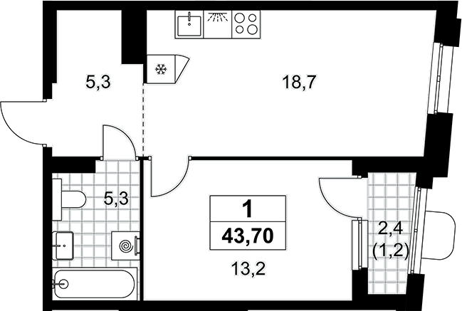 Планировка: Евродвушка 42,5 м² в ЖК «Прокшино»