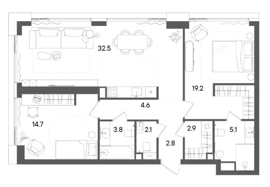 Планировка: Евротрёшка 88,7 м² в ЖК «СТОУН Грэйн»
