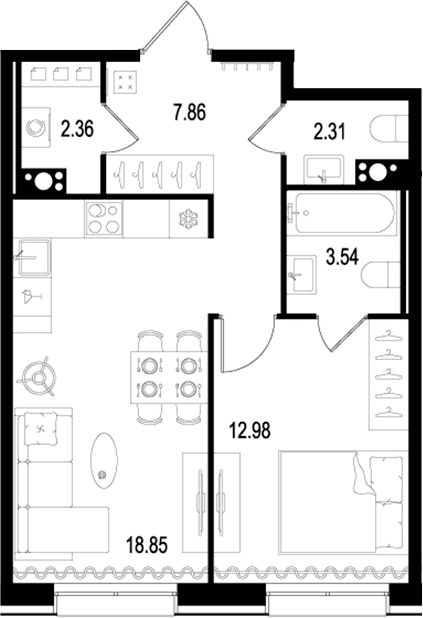 Планировка: Евродвушка 47,9 м² в ЖК «Остров Первых»