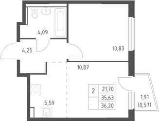 Планировка: Евродвушка 35,6 м² в ЖК «Егорово парк»