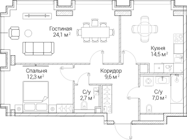 Планировка: 2-комнатная квартира 70,2 м² в ЖК «СЕЗАР БУДУЩЕЕ»