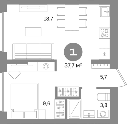 Планировка: 1-комнатная квартира 37,7 м² в ЖК «Первый квартал. Вторая очередь»
