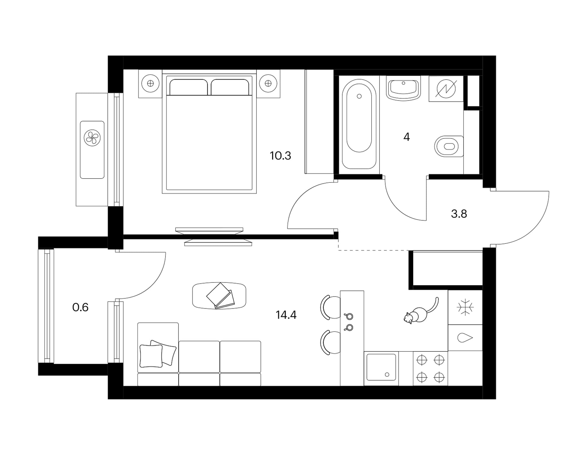Планировка: 1-комнатная квартира 32,5 м² в ЖК «Белая Дача парк»