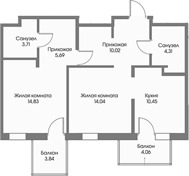 Планировка: 2-комнатная квартира 63,1 м² в ЖК «Рощино Резиденс»