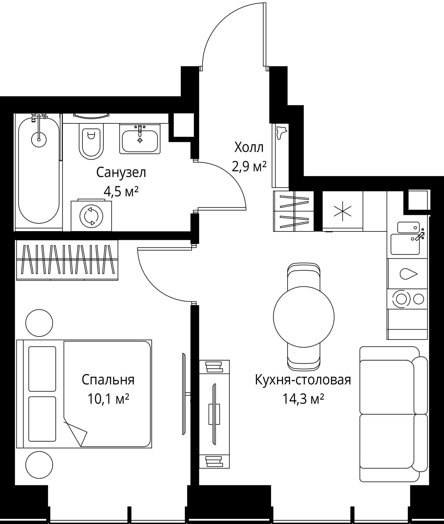 Планировка: Евродвушка 31,8 м² в ЖК «Веер»