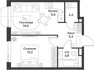 Планировка: Евродвушка 39,4 м² в ЖК «АЛИА»