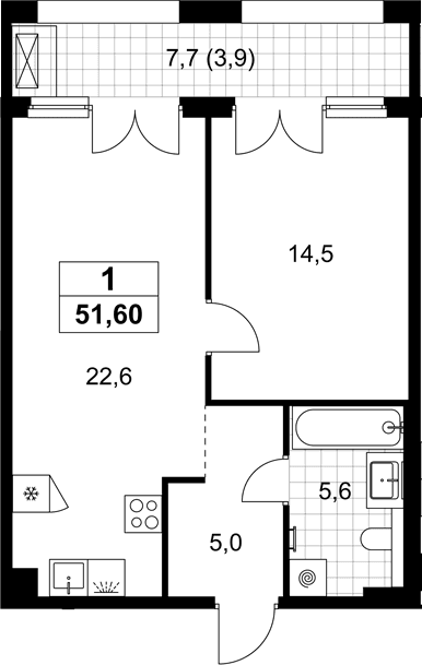 Планировка: Евродвушка 47,7 м² в ЖК «Хольм»