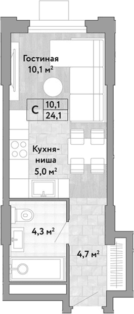 Планировка: Студия 24,1 м² в ЖК «Новые Смыслы»