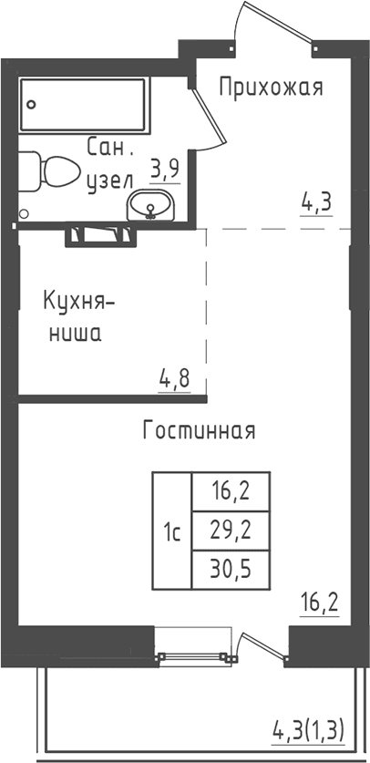 Планировка: Студия 29,2 м² в ЖК «Зеленый город»