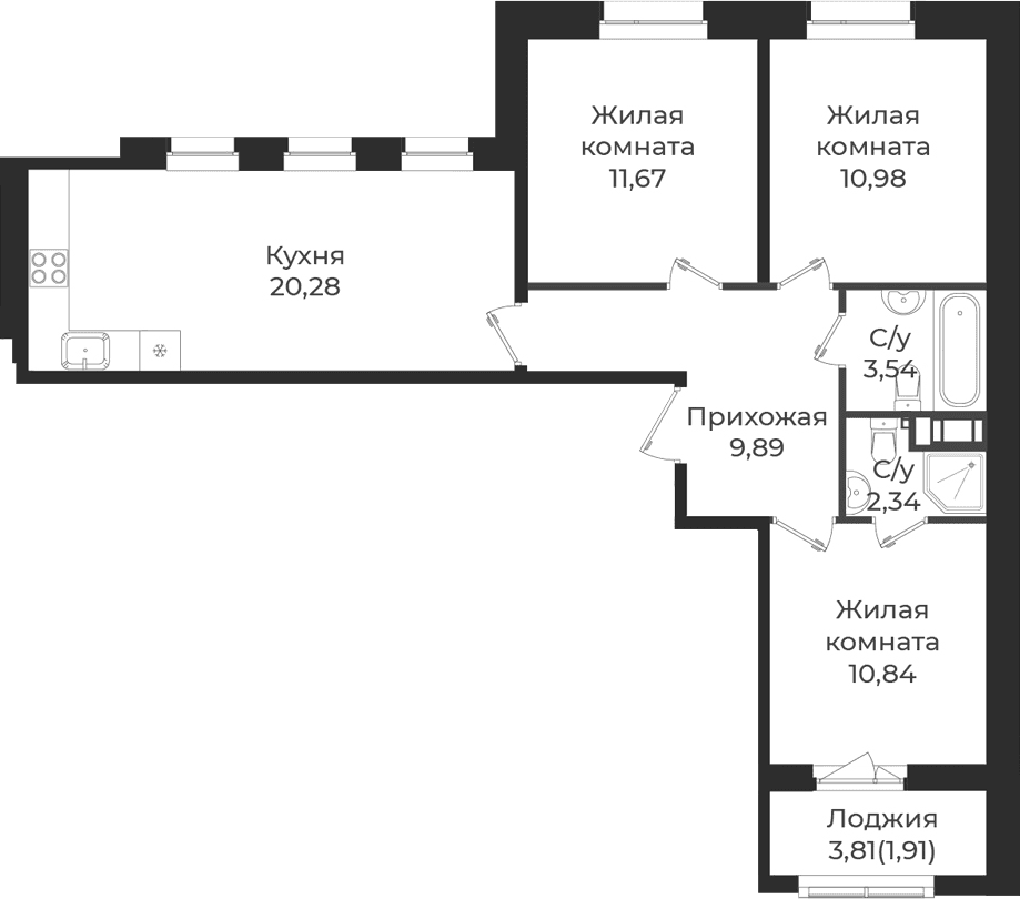 Планировка: Квартира евро-4 69,5 м² в ЖК «Новатория»