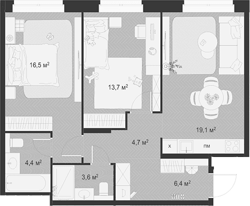 Планировка: Евротрёшка 68,4 м² в ЖК «Гранд Комфорт 3»