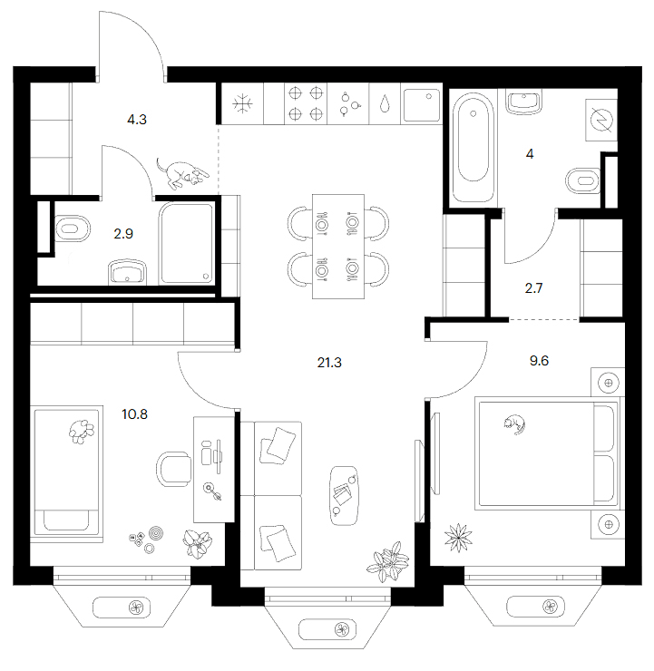 Планировка: Евротрёшка 55,6 м² в ЖК «Зеленый парк»