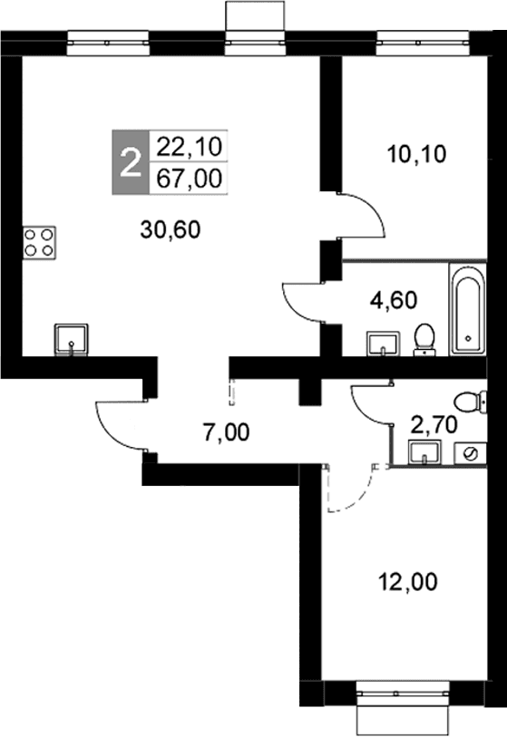 Планировка: Евротрёшка 67 м² в ЖК «Апрелевка Клаб»