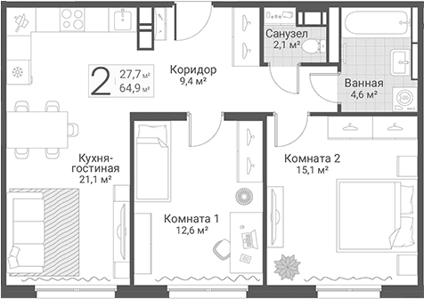 Планировка: Евротрёшка 64,9 м² в ЖК «Руднева, 15»