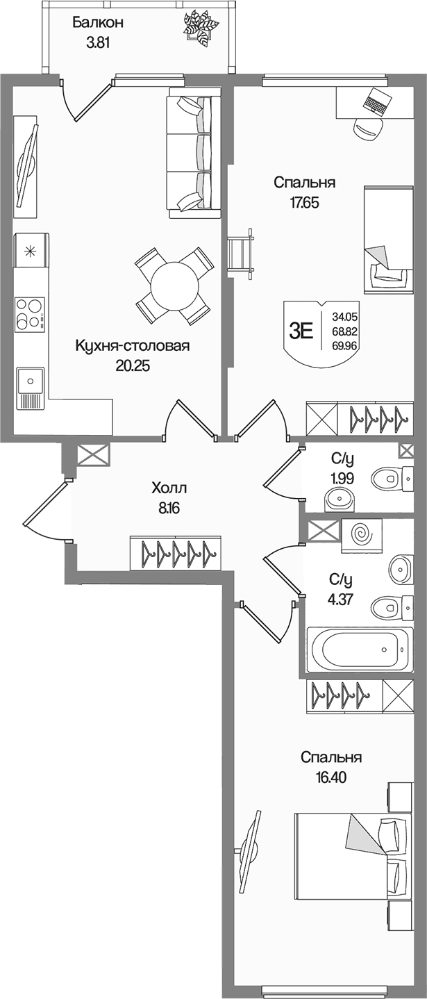 Планировка: Евротрёшка 68,8 м² в ЖК «Охтинские высоты»
