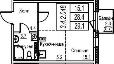 Планировка: Студия 28,4 м² в ЖК «Экография»