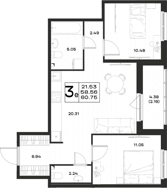 Планировка: Евротрёшка 58,6 м² в ЖК «Имена»