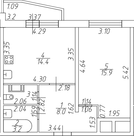Планировка: 1-комнатная квартира 43,5 м² в ЖК «Тандем»