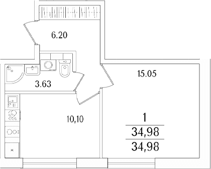 Планировка: 1-комнатная квартира 35 м² в ЖК «Аурум»