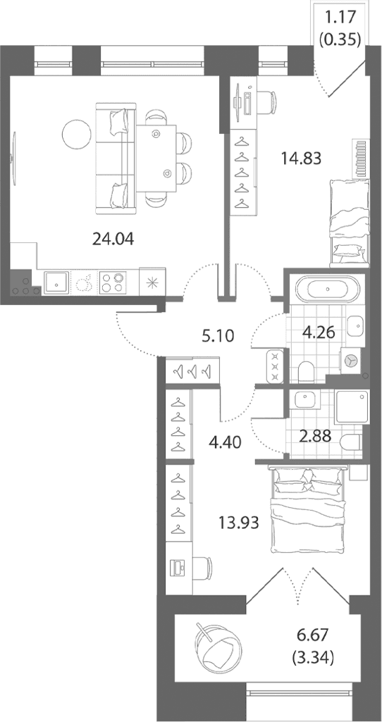 Планировка: Евротрёшка 69,4 м² в ЖК «Нева Арт»