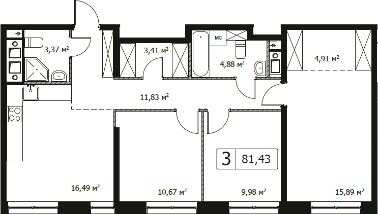 Планировка: 3-комнатная квартира 81,4 м² в ЖК «Парковый квартал СЕЛФ»