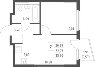 Планировка: Евродвушка 32,9 м² в ЖК «Егорово парк»