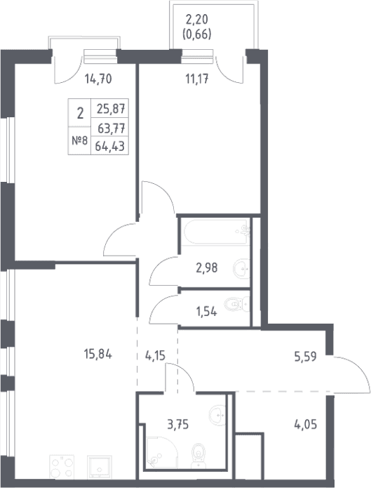 Планировка: Евротрёшка 63,8 м² в ЖК «Невская Долина»